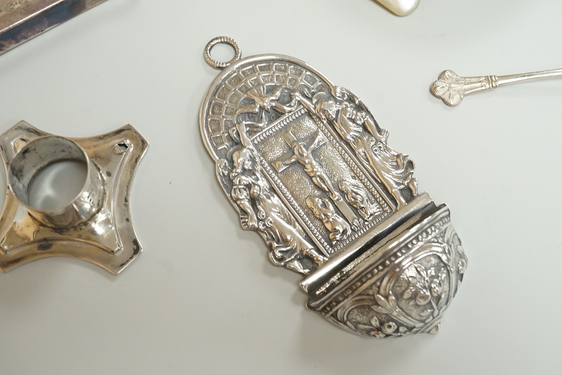 A late 19th century French small white metal Holy Water stoop, 11.4cm, together with a Victorian silver and leather mounted glass hip flask(a.f.), a late Victorian silver 'grenade' lighter by Sampson Mordan & Co, two sil